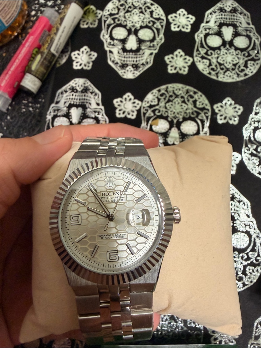 Rolex Silver Stainless Steel Men's Watch with Textured Silver Dial